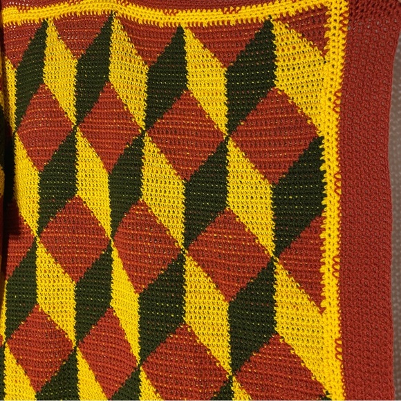 Vintage Handmade Red Yellow Green Geometric Pattern Crochet Afghan Blanket - Picture 6 of 12